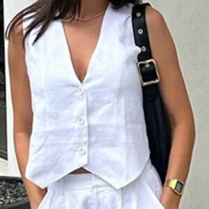 Commense White Cotton Casual Pants Set - Vest & Pants